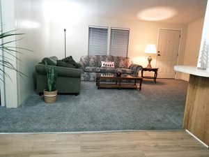 Living area featuring light wood-style flooring and light colored carpet