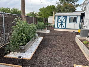 Fenced backyard featuring a vegetable garden and a storage shed