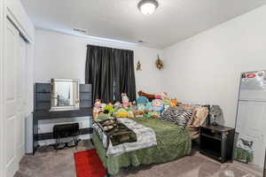 Carpeted bedroom with a closet and a textured ceiling