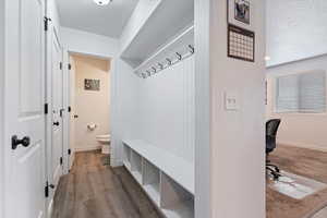 Mudroom featuring a textured ceiling and dark wood finished floors