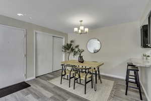 Dining area showing kitchen bar, front door and large closet
