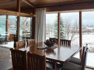 Dining area featuring lofted ceiling, wood ceiling, and recessed lighting