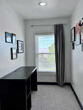 Bedroom with side office with light carpet, a textured ceiling, and recessed lighting
