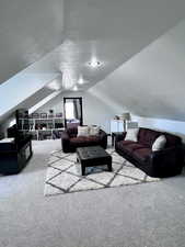 Carpeted living area with a textured ceiling and lofted ceiling