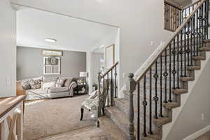 Stairs featuring carpet floors and wood finished floors