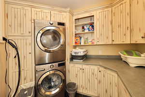 Laundry room with cabinet space and stacked washing machine and dryer