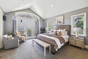 Bedroom featuring access to exterior, french doors, carpet floors, recessed lighting, and high vaulted ceiling