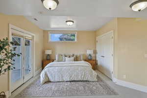 Bedroom featuring carpet, access to exterior, and a closet
