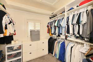 Spacious closet featuring light colored carpet