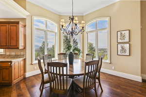 Dining space featuring healthy amount of natural light, dark wood-type flooring, ornamental molding, and a chandelier