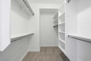 Primary Walk in closet featuring light colored carpet