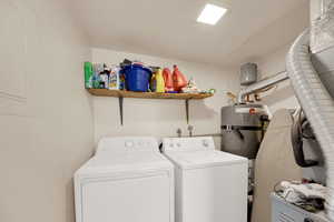 Washroom with separate washer and dryer, electric panel, and secured water heater