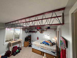 Bedroom with a textured ceiling, light colored carpet, and multiple windows