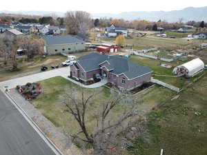 Aerial view of residential area with mountains