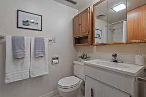 Bathroom featuring vanity and curtained shower