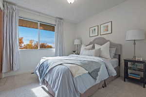 Bedroom with carpet flooring and a textured ceiling