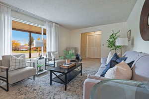 Living area featuring a textured ceiling