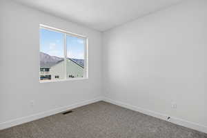 Unfurnished room with carpet and a mountain view