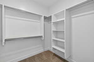 Walk in closet with dark carpet