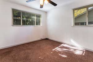 Carpeted empty room featuring ornamental molding, a textured ceiling, and a ceiling fan