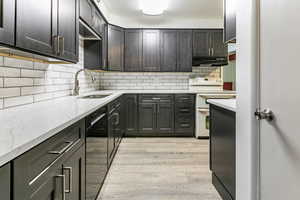 Kitchen featuring range with two ovens, light wood-style floors, dishwasher, light stone counters, and decorative backsplash