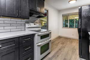 Kitchen with range with two ovens, freestanding refrigerator, decorative backsplash, and dark cabinetry