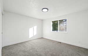 Empty room with light carpet and a textured ceiling