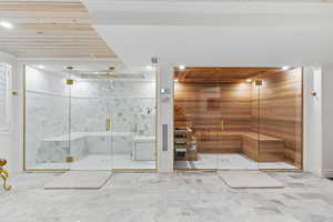 Full bathroom with a relaxing sauna and a marble finish shower