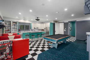 Recreation room featuring recessed lighting, ceiling fan, and billiards