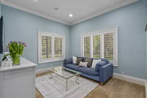 Living room featuring ornamental molding and recessed lighting