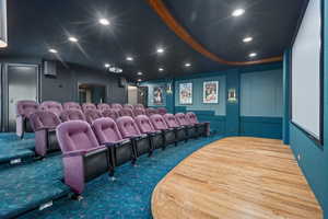 Home theater with dark colored carpet and recessed lighting