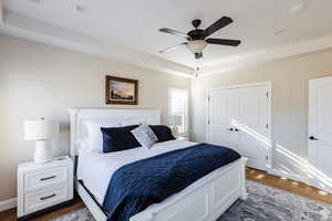 Bedroom with a ceiling fan, a closet, and a raised ceiling