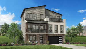 Contemporary house featuring a mountain view, stone siding, two balconies, and a front yard (full landscaping included).  *color scheme may vary from what is pictured*
