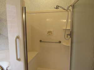 Shower with grab bars and seat