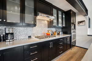 Kitchen with dark cabinets, light wood finished floors, decorative backsplash, appliances with stainless steel finishes, and extractor fan
