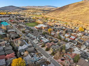 Aerial view of residential area with a mountain backdrop
