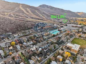 Aerial overview of property's location featuring mountains