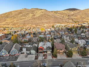 Aerial view of residential area with mountains