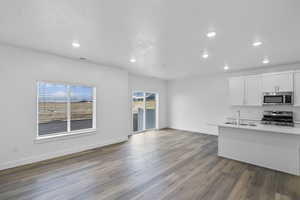 Kitchen featuring white cabinets, appliances with stainless steel finishes, recessed lighting, dark wood-type flooring, and open floor plan