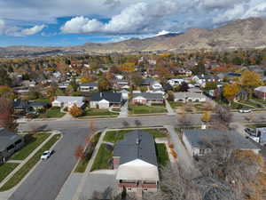 Aerial overview of property's location featuring mountains