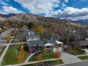 Aerial perspective of suburban area featuring mountains