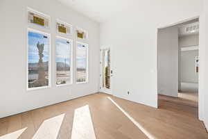 Spare room featuring light wood finished floors and a mountain view