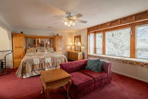 Bedroom featuring wainscoting, ceiling fan, a textured ceiling, and carpet floors