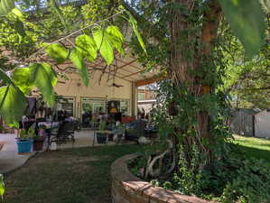 Back of property with ceiling fan, a patio area, and a lawn