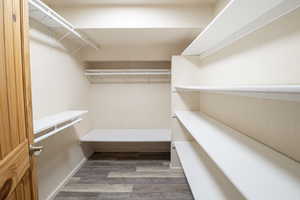 Walk in closet with light wood finished floors
