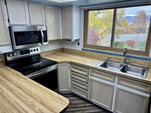 Kitchen featuring stainless steel appliances, wood counters, dark wood finished floors, and white cabinets
