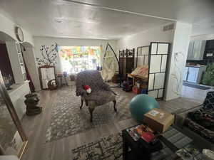 Rec room with wood finished floors