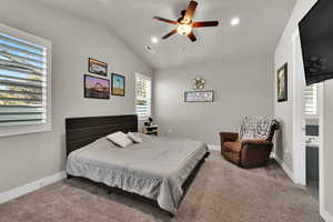 Carpeted bedroom with recessed lighting, lofted ceiling, and ceiling fan