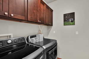 Laundry room with cabinet space and washing machine and dryer