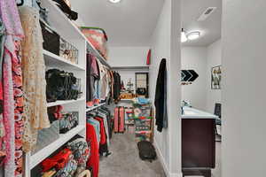 Walk in closet featuring light colored carpet